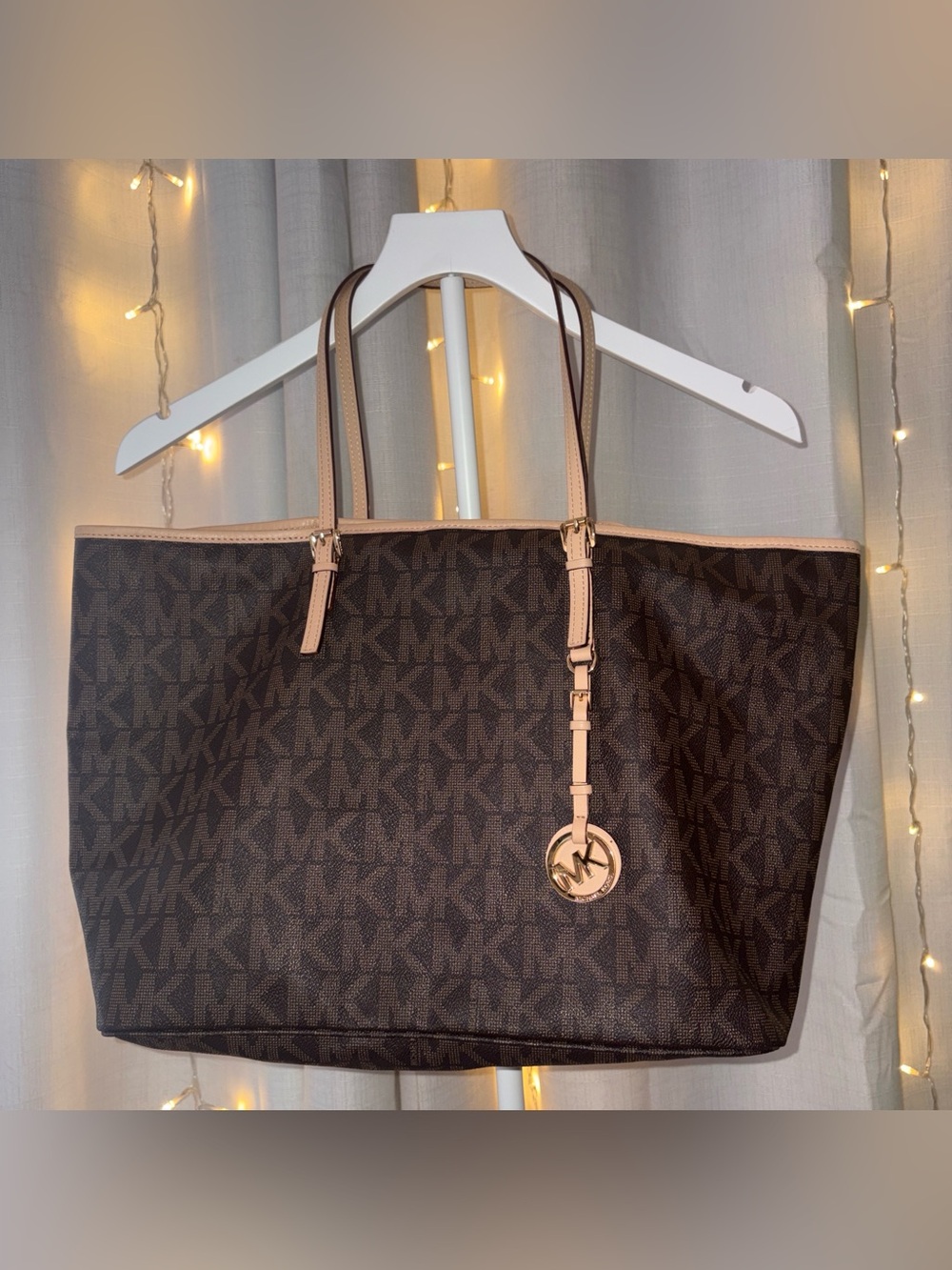 Michael Kors Dark Brown Logo Tote with Light Tan Trim